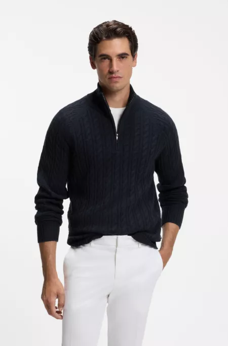 Zip-neck sweater with an all-over cable pattern