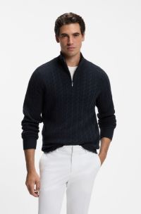 Zip-neck sweater with an all-over cable pattern, Dark Blue