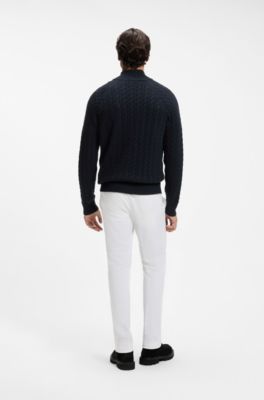 Zip-neck sweater with an all-over cable pattern, Dark Blue