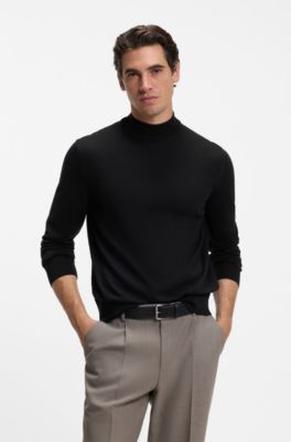 Mock-neck sweater in extra-fine merino wool, Black