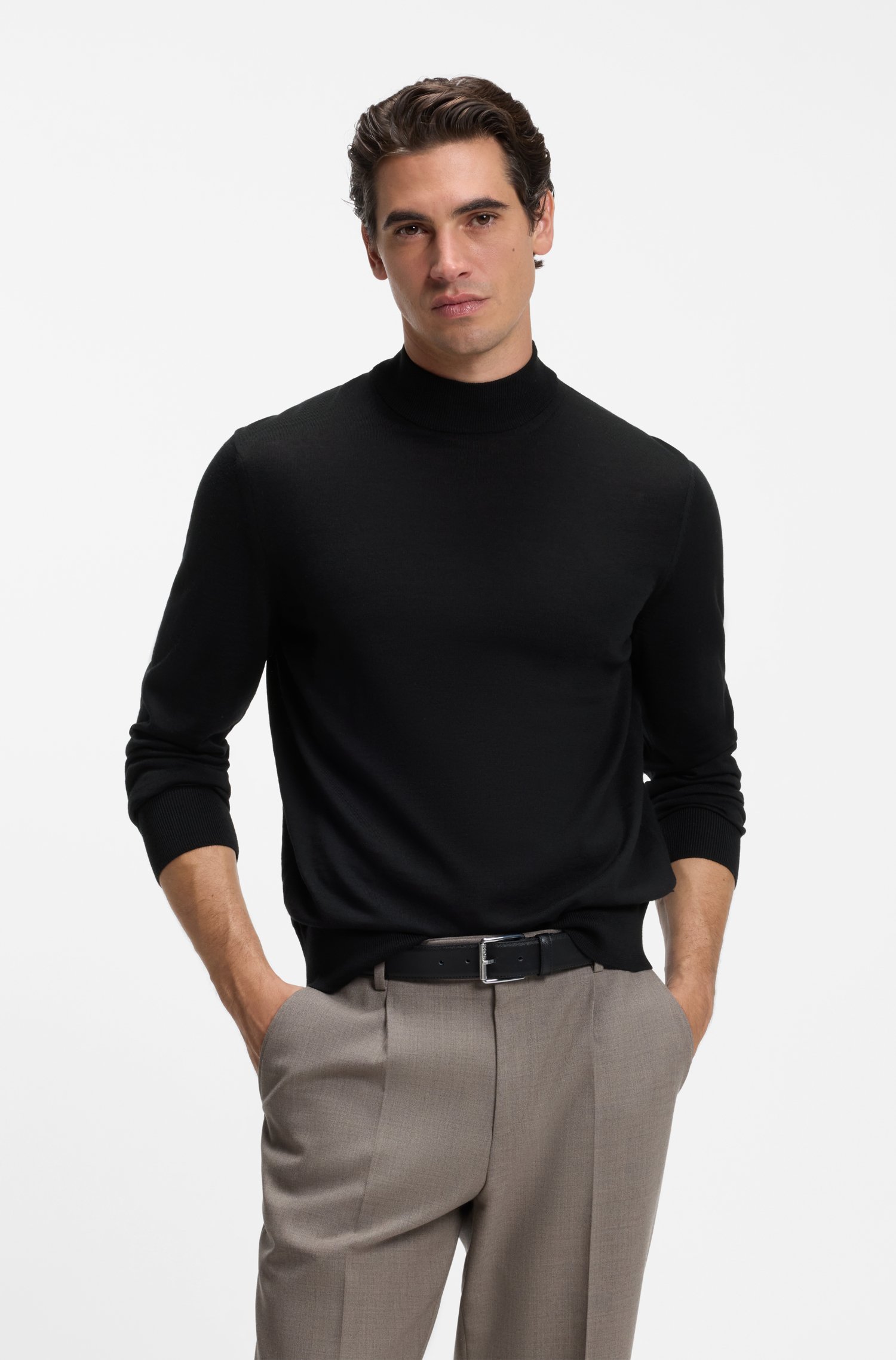 Boss Mock-neck sweater in extra-fine merino wool stickade tröjor herr
