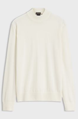 Mock-neck sweater in extra-fine merino wool, Natural