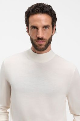 Mock-neck sweater in extra-fine merino wool, Natural