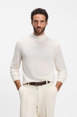 Mock-neck sweater in extra-fine merino wool, Natural