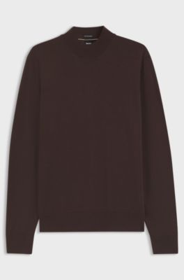 Mock-neck sweater in extra-fine merino wool, Dark Brown