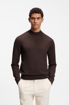 Mock-neck sweater in extra-fine merino wool, Dark Brown