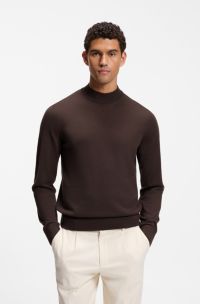 Mock-neck sweater in extra-fine merino wool, Dark Brown