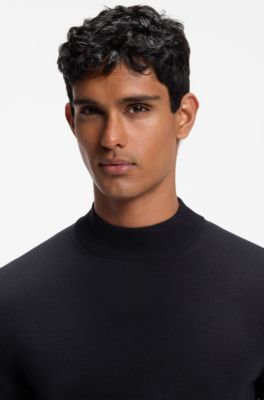 Mock-neck sweater in extra-fine merino wool, Dark Blue