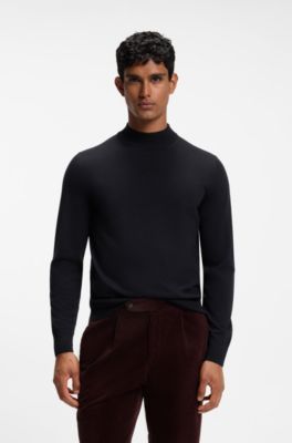 Mock-neck sweater in extra-fine merino wool, Dark Blue