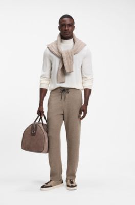 Straight-fit knitted trousers in a cotton blend, Light Brown
