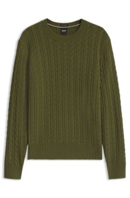 Cable-knit sweater in virgin wool and cashmere, Olive
