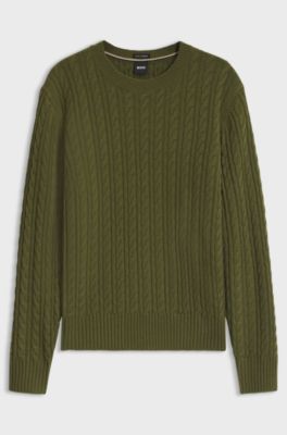 Cable-knit sweater in virgin wool and cashmere, Olive