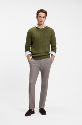 Cable-knit sweater in virgin wool and cashmere, Olive
