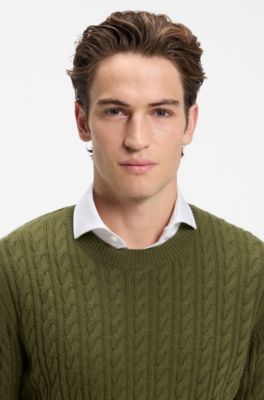 Cable-knit sweater in virgin wool and cashmere, Olive