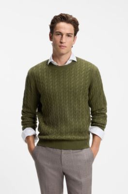 Cable-knit sweater in virgin wool and cashmere, Olive