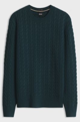 Cable-knit sweater in virgin wool and cashmere, Dark Green