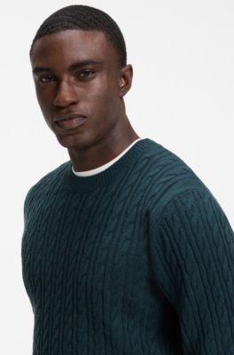Cable-knit sweater in virgin wool and cashmere, Dark Green