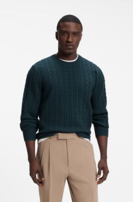 Cable-knit sweater in virgin wool and cashmere, Dark Green