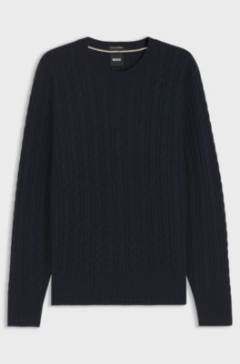 Cable-knit sweater in virgin wool and cashmere, Dark Blue