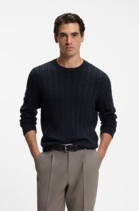 Cable-knit sweater in virgin wool and cashmere, Dark Blue