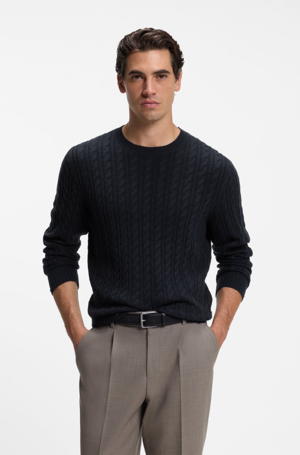 Cable-knit sweater in virgin wool and cashmere