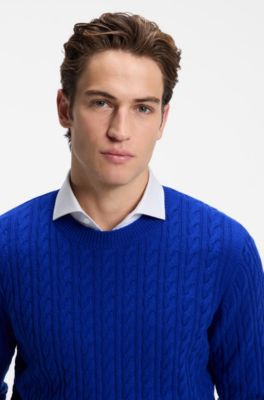 Cable-knit sweater in virgin wool and cashmere, Blue