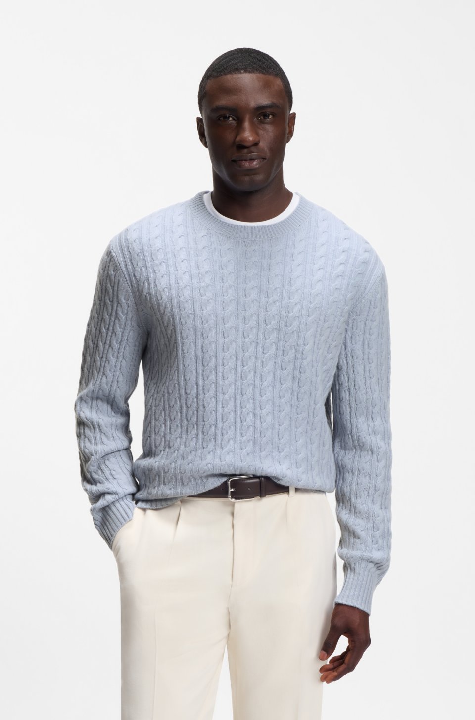Cable-knit sweater in virgin wool and cashmere