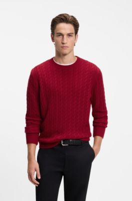 Cable-knit sweater in virgin wool and cashmere, Red