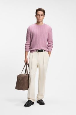 Cable-knit sweater in virgin wool and cashmere, Light Pink