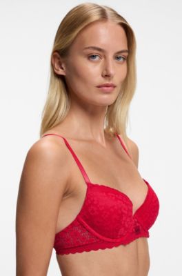 Leopard-print lace bra with push-up cups, Red