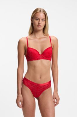 Leopard-print lace bra with push-up cups, Red