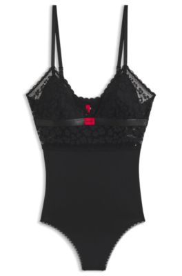 Bodysuit in lace and mesh with red logo label, Black