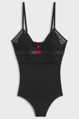 Bodysuit in lace and mesh with red logo label, Black