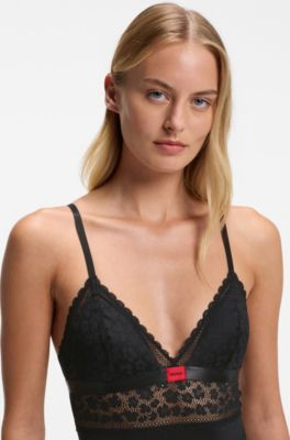 Body in pizzo e rete con etichetta con logo rossa, Nero