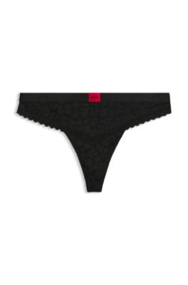 Leopard-pattern lace thong with logo waistband, Black