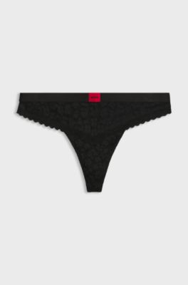 Leopard-pattern lace thong with logo waistband, Black