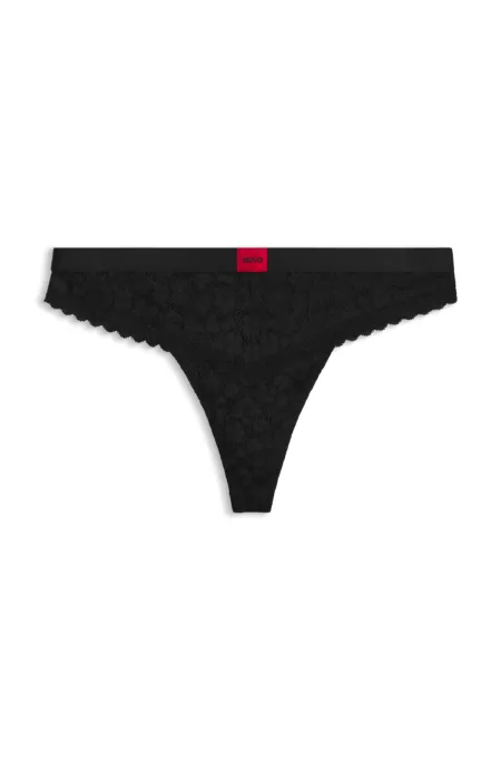 Leopard-pattern lace thong with logo waistband