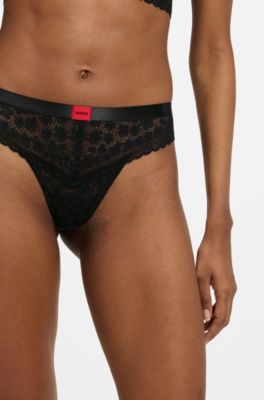 Leopard-pattern lace thong with logo waistband, Black