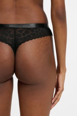 Leopard-pattern lace thong with logo waistband, Black