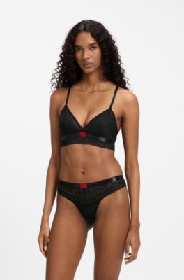 Leopard-pattern lace thong with logo waistband, Black