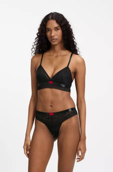 Leopard-pattern lace thong with logo waistband