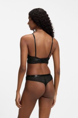 Leopard-pattern lace thong with logo waistband, Black
