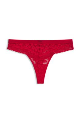 Leopard-pattern lace thong with logo waistband, Red