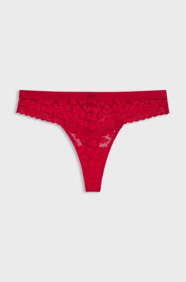 Leopard-pattern lace thong with logo waistband, Red