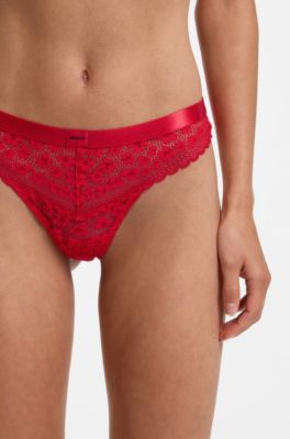 Leopard-pattern lace thong with logo waistband, Red