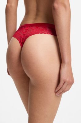 Leopard-pattern lace thong with logo waistband, Red