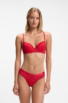 Leopard-pattern lace thong with logo waistband, Red