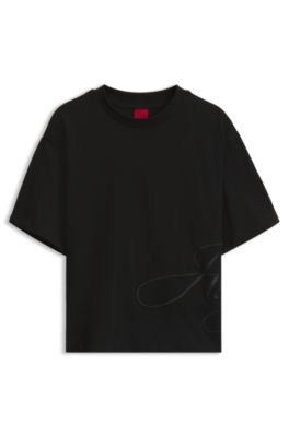 Cotton-jersey T-shirt with oversized logo embroidery, Black
