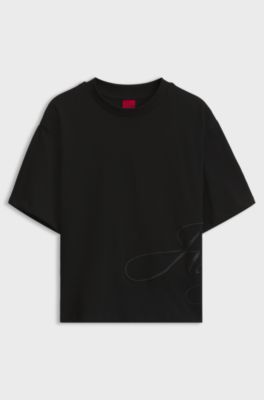 Cotton-jersey T-shirt with oversized logo embroidery, Black