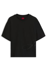 Cotton-jersey T-shirt with oversized logo embroidery, Black